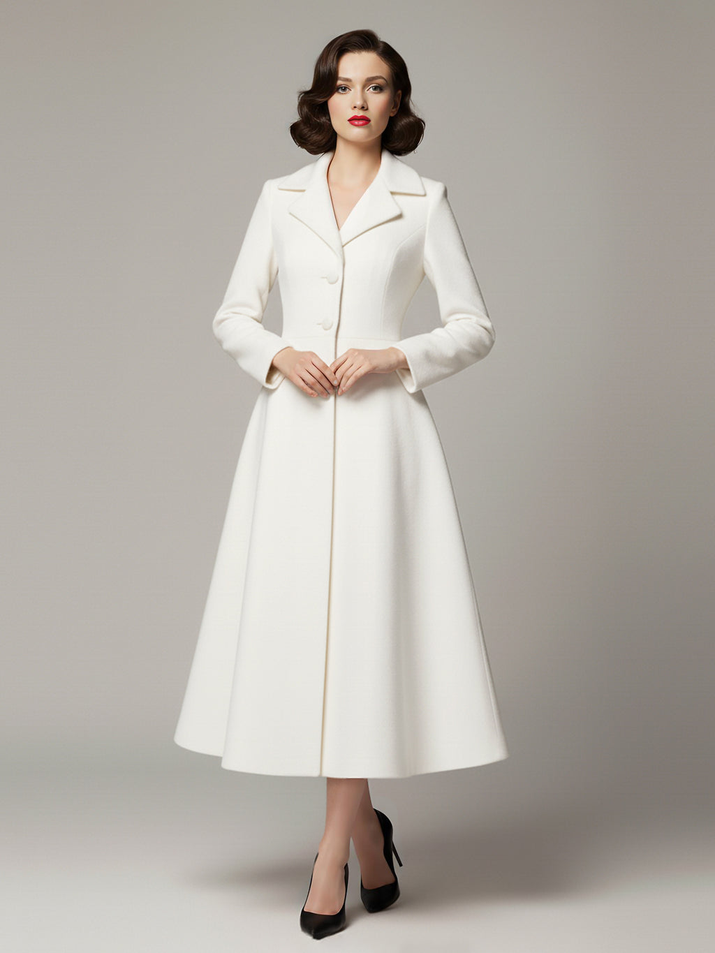 Vintage Classic Lapel A-line Woolen Flared Coat In White For Women 2026
