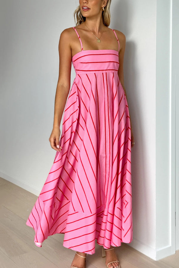 Striped Printed Spaghetti Strap Sleeveless Back Pleated Casual Maxi Dress