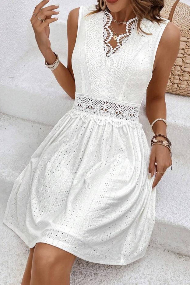 Deep V Neck Crochet Lace Waistband Eyelet Panel A-Line Mini Dress