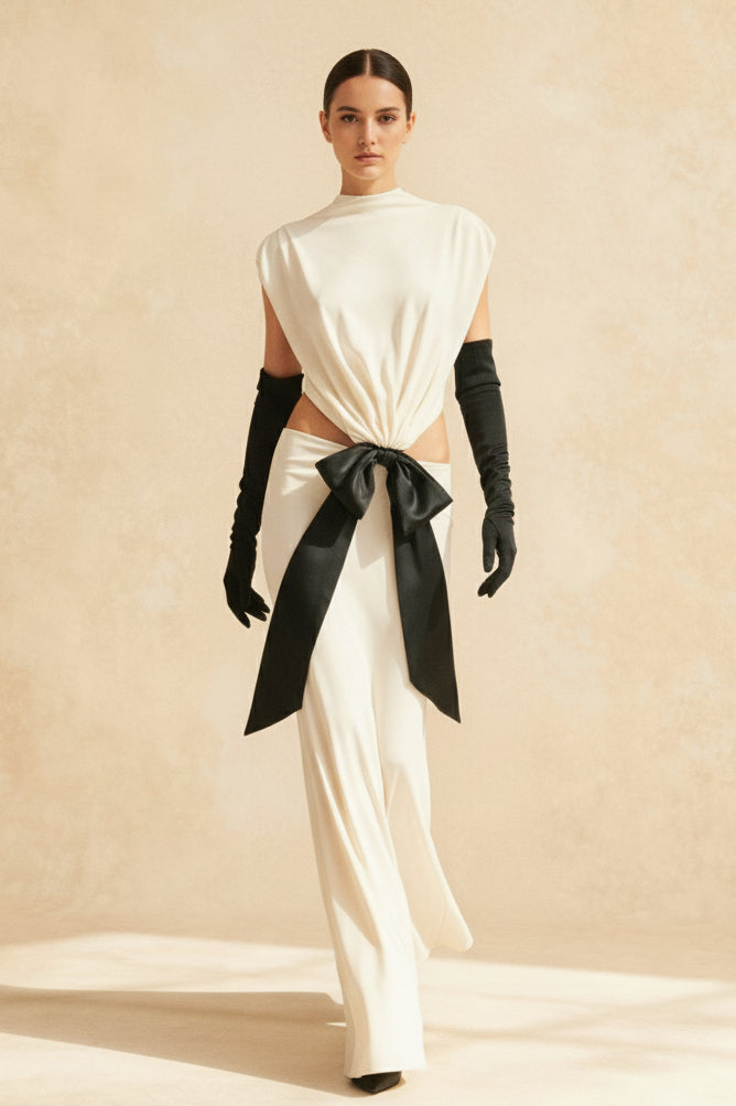 Mock Neck Sleeveless Side Cut Out Oversized Bow Tail Maxi Gown