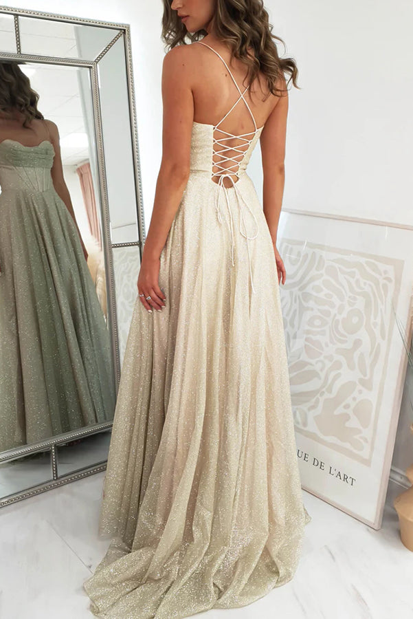 Glitter Cowl Neck Corset Bodice Spaghetti Strap Pleated High Split Pocketed Maxi Gown