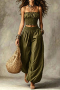 Olive Gypsy  pleated crop top and high-waisted wide-leg pants set