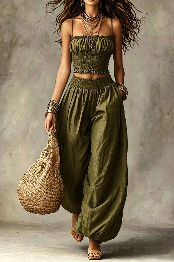 Olive Gypsy  pleated crop top and high-waisted wide-leg pants set