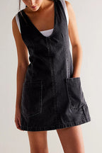 Denim Deep V-Neck Wide Strap Front Pocket Pinafore Mini Dress
