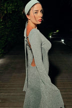 Glitter Deep V-Neck Lettuce Hem Long Sleeve Bodycon Midi Dress