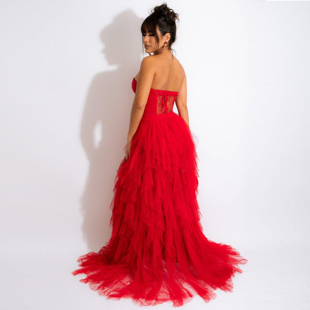 Lace Corset Tulle Dress with Strapless Design and Slit