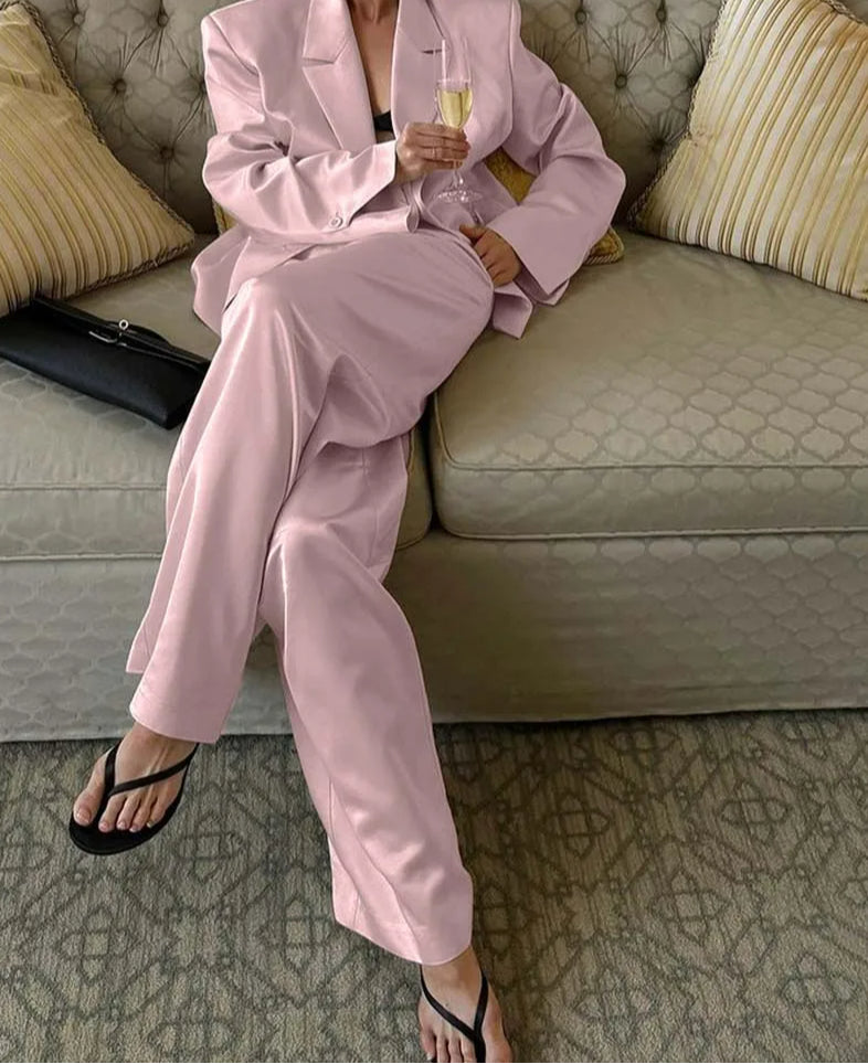 Pink Satin Lapel Straight Trousers Office Two Piece Set