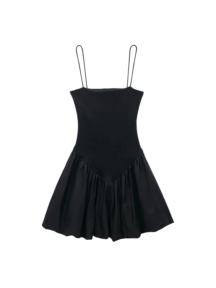Spaghetti Strap Dropped Waist Pleated Skirt Fit and Flare Mini Dress