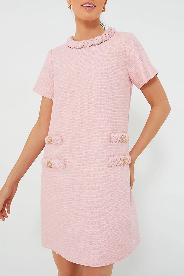 Tweed Braided Trim Crew Neck Button Welt Shift Mini Dress