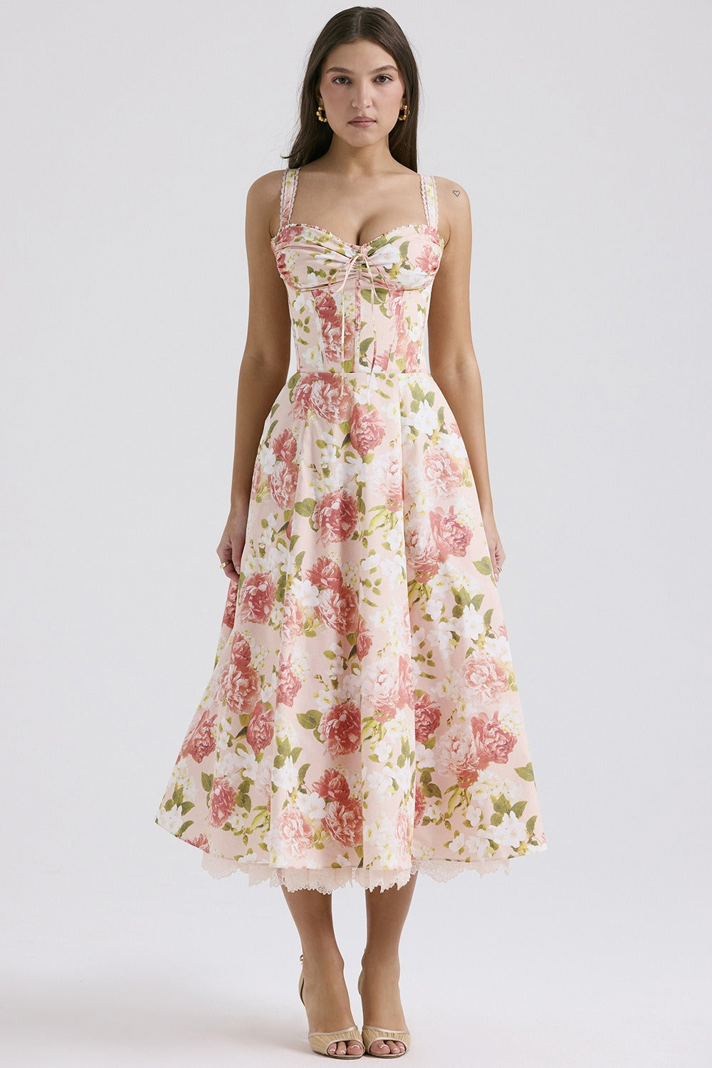 Wide Strap Lace Trim Corset Bodice Floral Print A-Line Midi Dress