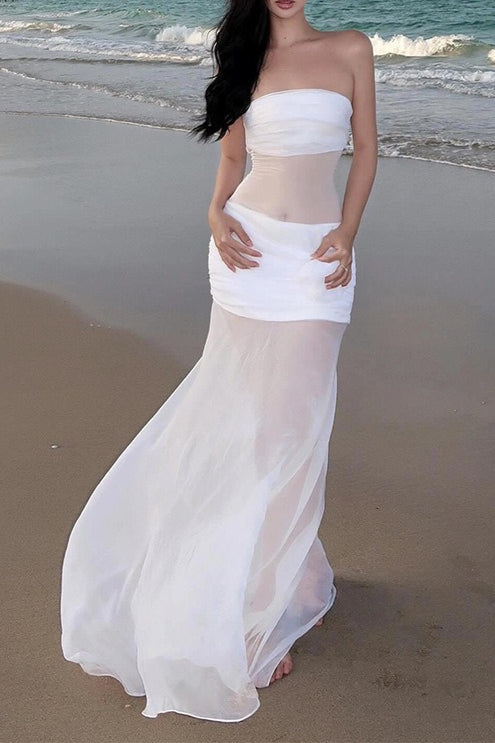 Strapless Ruched Sheer Mesh Floral Rosette Applique Maxi Dress