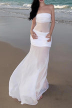 Strapless Ruched Sheer Mesh Floral Rosette Applique Maxi Dress
