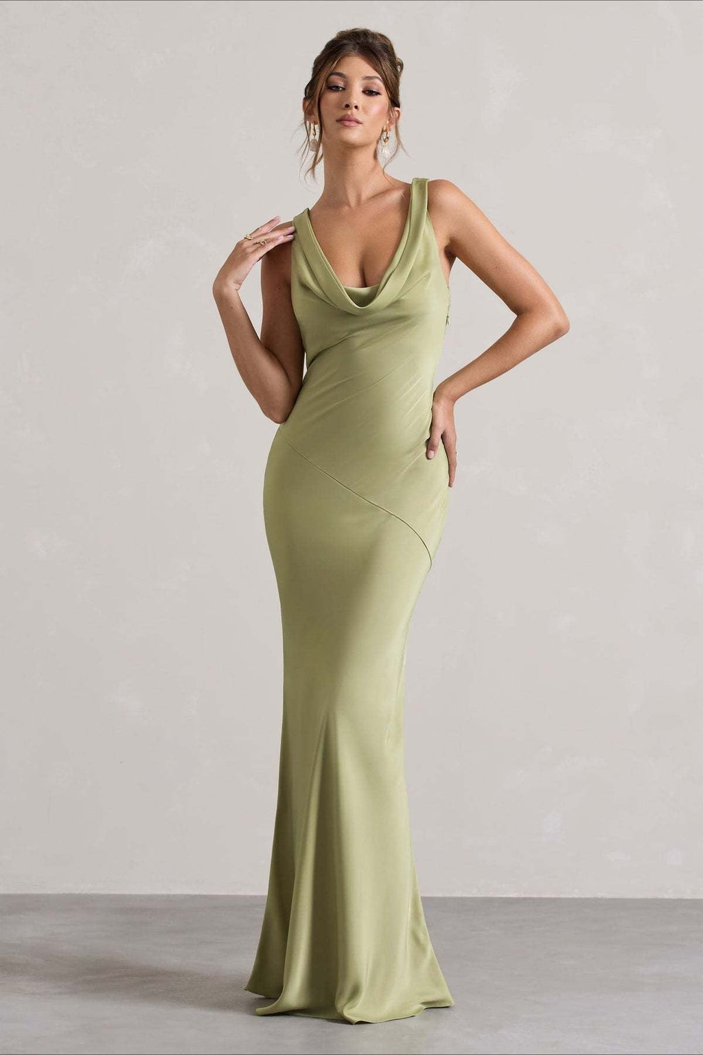 Satin Cowl Neck Sleeveless Column Seam Maxi Gown