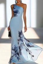 Floral Print One-shoulder Sleeveless Elegant Slim-fit Maxi Dress