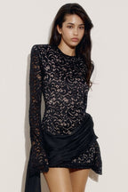 Lace Long Sleeve Crew Neck Satin Drape Ruched Panel Mini Dress