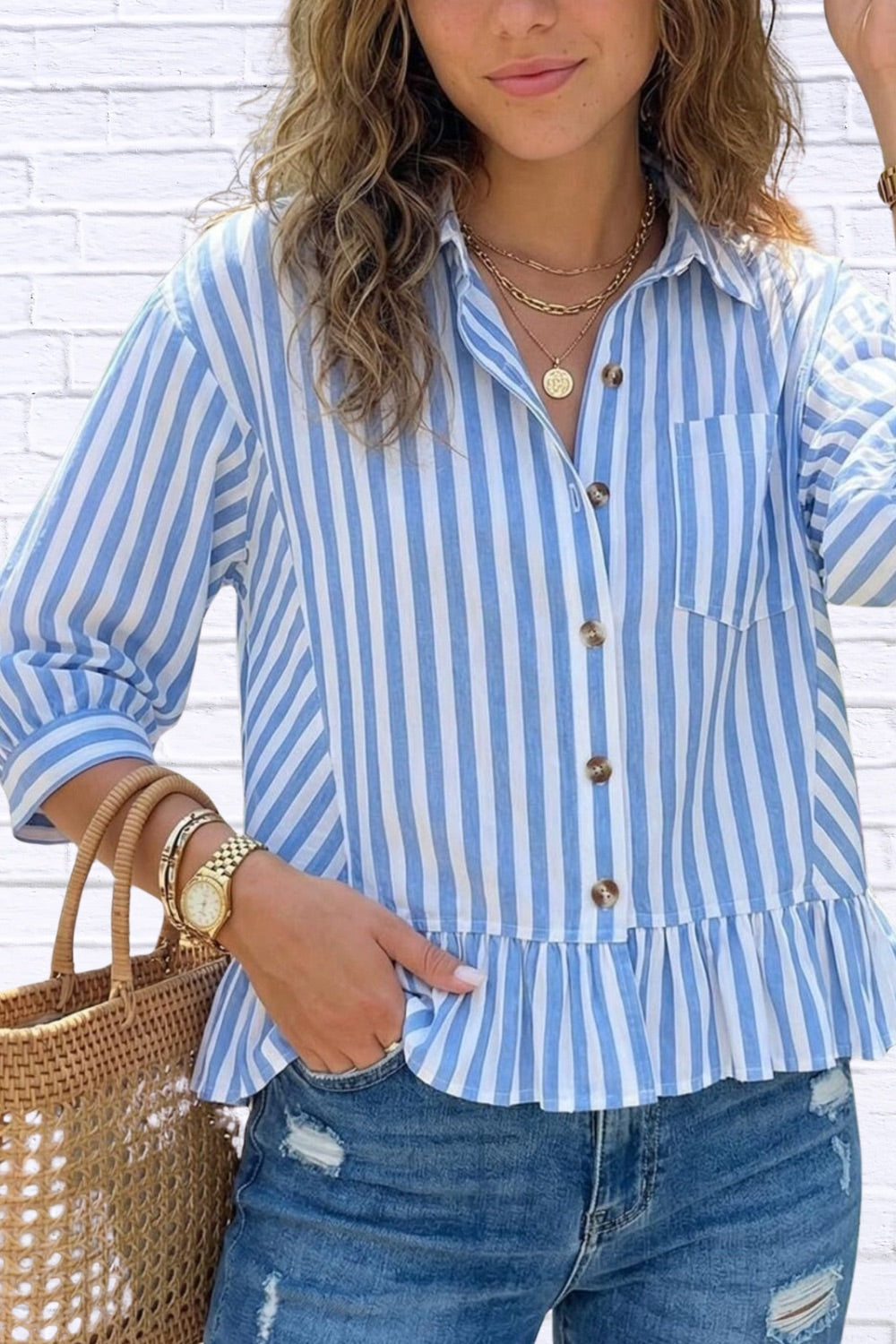 Striped Ruffle Hem Button-Down Shirt | Chic Women__ Top