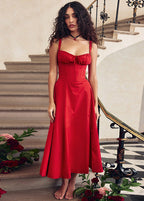 Corset Bodice Drawstring Neck Side Slit Fit and Flare Midi Dress