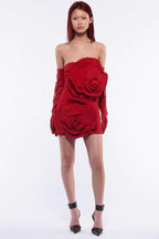 Strapless 3D Fabric Flower Applique Bodycon Mini Dress
