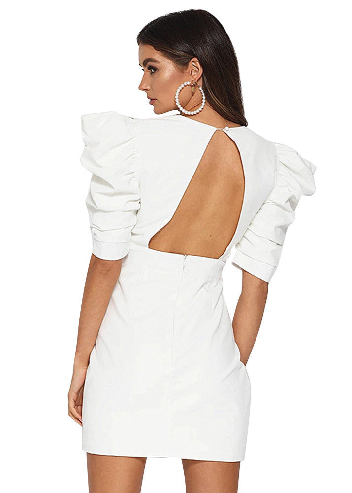 Deep V-Neck Exaggerated Puff Sleeve Structured Bodycon Mini Dress