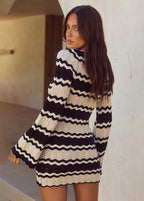 Crochet Knit Chevron Print Tie Front Bell Sleeve Mini Dress