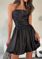 Satin Strapless Ruched Bubble Hem Fit and Flare Mini Dress