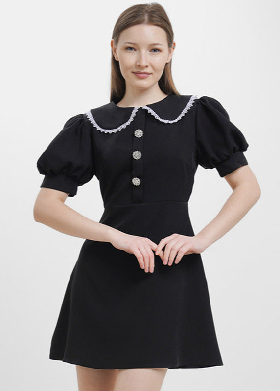 Peter Pan Collar Lace Trim Puff Sleeve Rhinestone Button A-Line Mini Dress