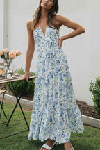 Floral Print Halter Deep V-Neck Tiered Ruffle Maxi Dress