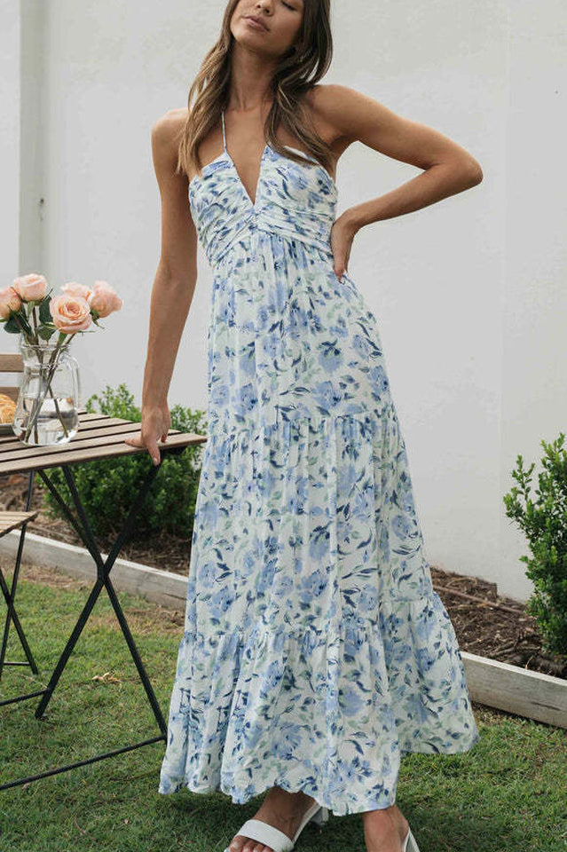 Floral Print Halter Deep V-Neck Tiered Ruffle Maxi Dress