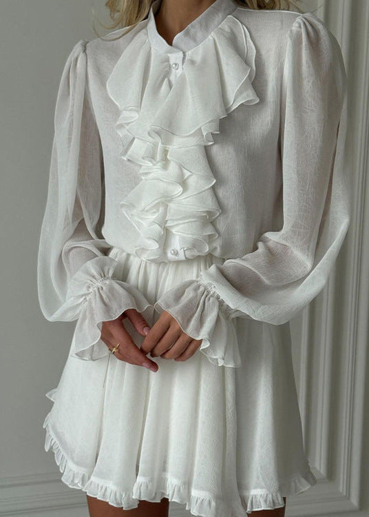 Ruffle High Neck Button Front Lantern Sleeve Fit and Flare Mini Dress