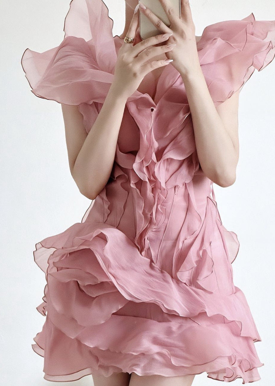 Organza Tiered Ruffle Lettuce Edge V Neck Mini Dress