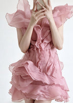 Organza Tiered Ruffle Lettuce Edge V Neck Mini Dress