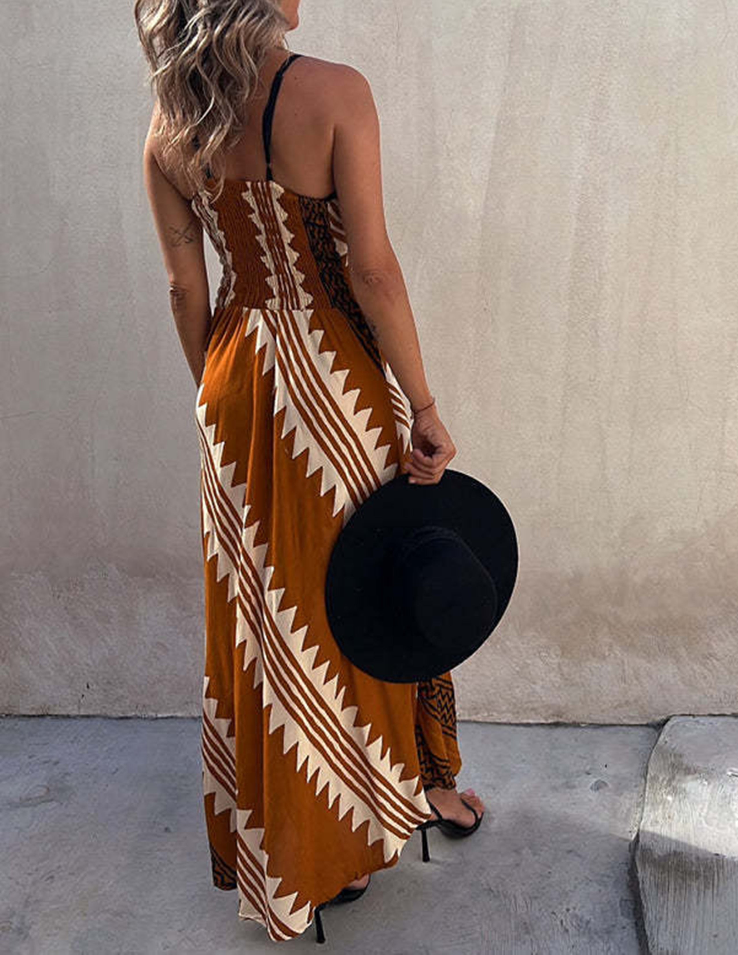 Geometric Chevron Print Spaghetti Strap Deep V-Neck Maxi Dress