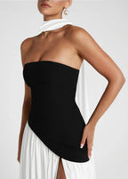 Strapless Asymmetrical Bodice Choker Sash High Slit Maxi Gown