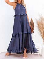 Tiered Ruffle Trim Sleeveless Halter Neck Maxi Dress