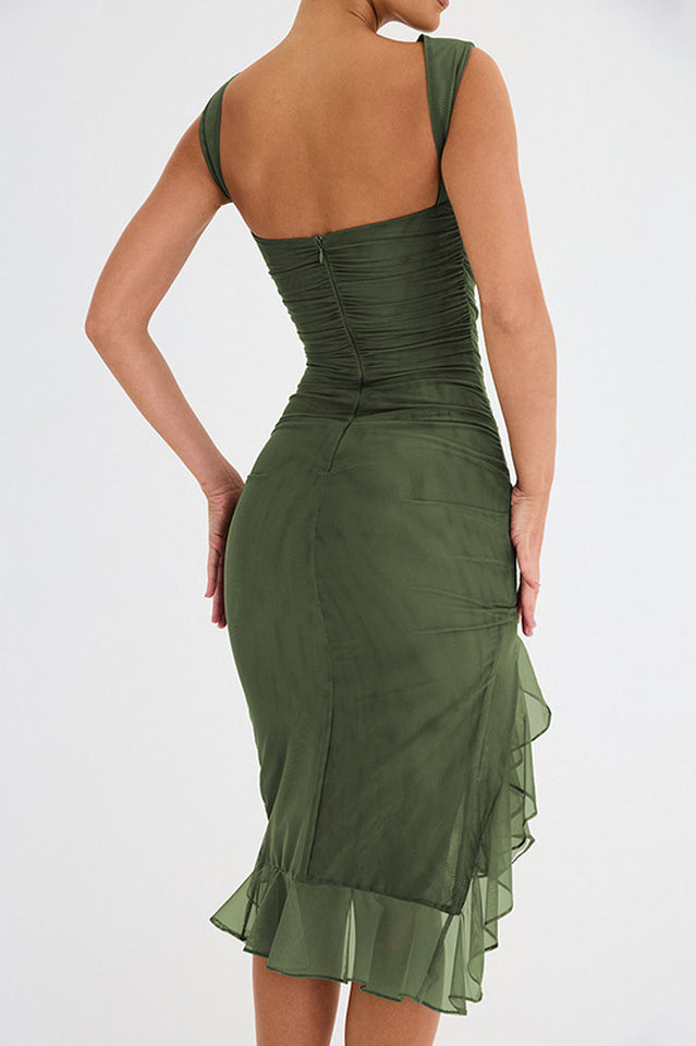 Crew Neck Ruched Mesh Bodycon High Slit Tiered Ruffle Hem Midi Dress