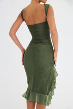 Crew Neck Ruched Mesh Bodycon High Slit Tiered Ruffle Hem Midi Dress