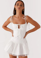Corset Sweetheart Keyhole Tie Shoulder Tiered Ruffle Mini Dress