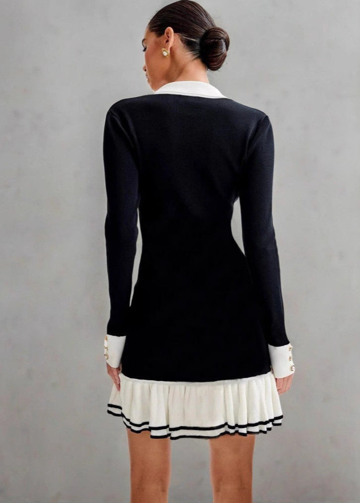 Polo Collar Contrast Trim Button Front Ruffle Hem Knit Mini Dress