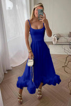 Spaghetti Strap Scoop Neck Flounce Ruffle Hem A-Line Midi Dress