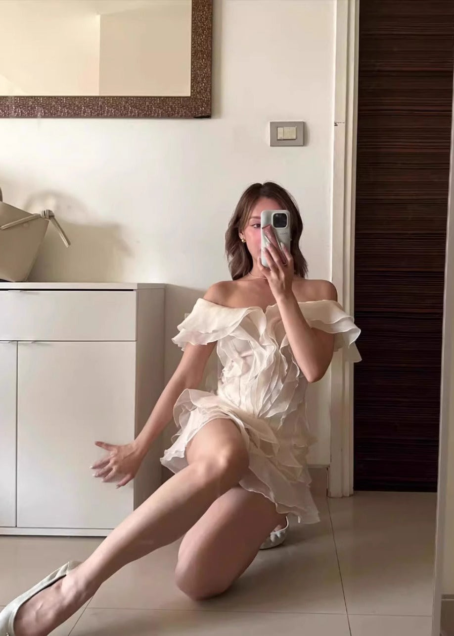 Organza Tiered Ruffle Lettuce Edge V Neck Mini Dress