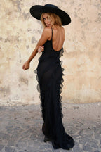 Spaghetti Strap V-Neck Tiered Ruffle High Slit Maxi Dress