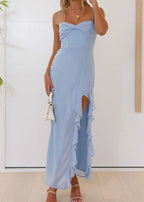 Spaghetti Strap Twist Front Ruched Bust Ruffle Trim High Slit Maxi Dress
