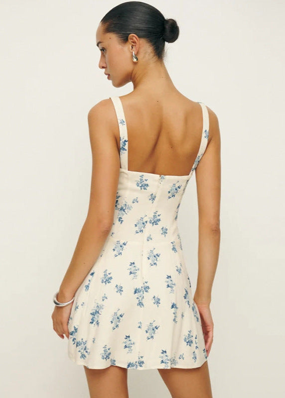 Square Neck Wide Strap Floral Print Skater Mini Dress