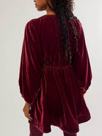 Velvet Deep V-Neck Puff Sleeve Empire Waist Mini Dress