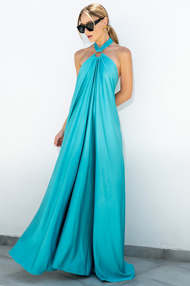 Satin Halter Ring Detail Draped Backless Floor Length Maxi Dress