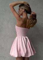 Strapless Ruched Bodice Bubble Hem Pleated Fit and Flare Mini Dress