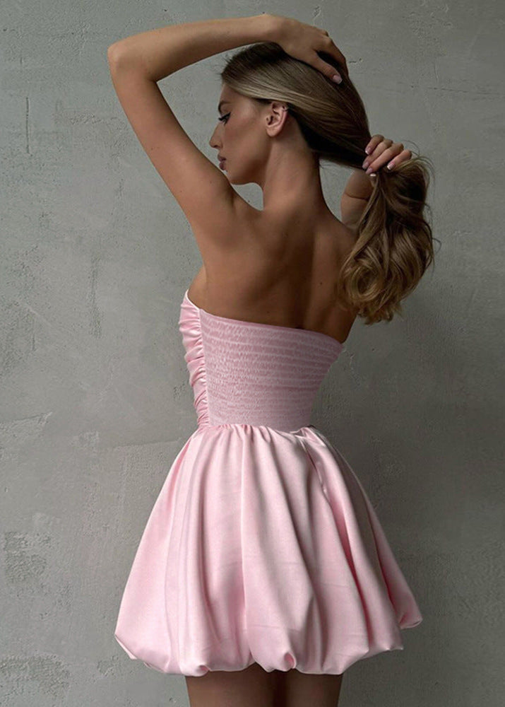 Strapless Ruched Bodice Bubble Hem Pleated Fit and Flare Mini Dress