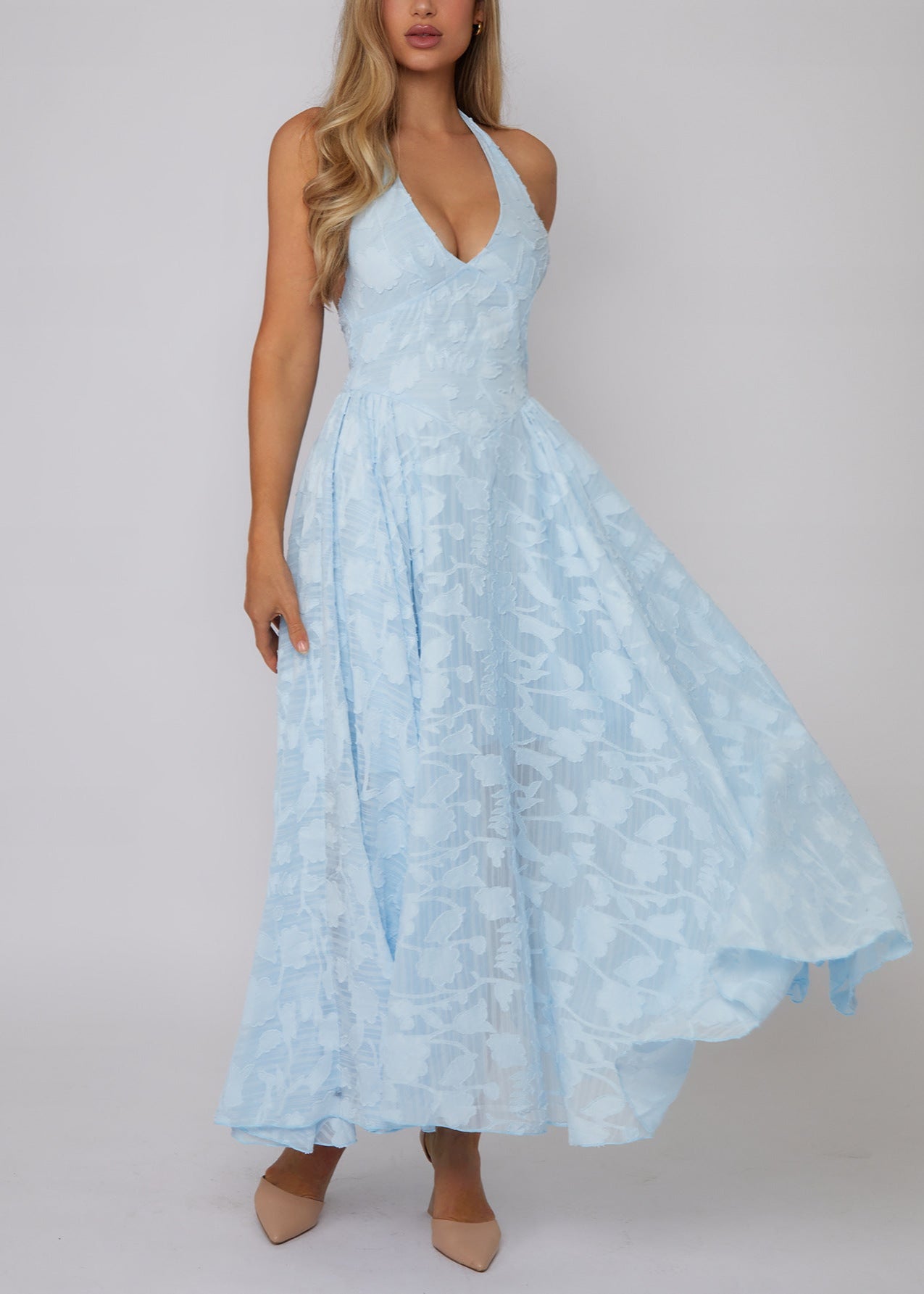 Halter Neck Floral Burnout Deep V Neck Maxi Dress