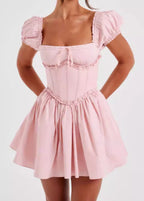 Off Shoulder Puff Sleeve Corset Bodice Basque Waist Mini Dress