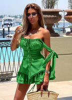 Square Neck Ruched Drawstring Bow Strap Tiered Lace Trim Corset Mini Dress